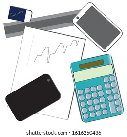 Online business finance activity, workplace. Drawing and painting mobile phone and office tools set. Web banner E-commerce Advertising Technology Freelancer Sale marketing concept. Vector illustration
