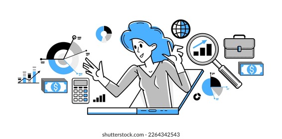 Online business and finance consulting vector outline illustration, woman adviser instructor explains lecture on internet, consultant.