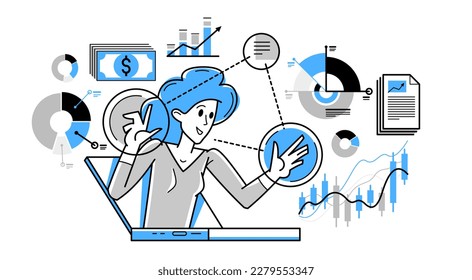 Online business and finance consulting vector outline illustration, woman adviser instructor explains lecture on internet, consultant.