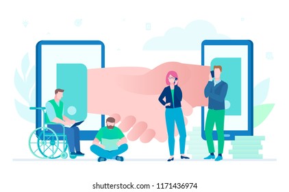 Online business - flat design style illustration on white background. Composition with international team working with their laptops, smartphones. Image of a handshake. Disabled man in wheelchair