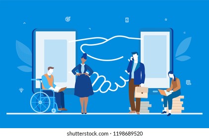 Online business - flat design style colorful illustration on blue background. International team working with laptops, smartphones. Image of handshake. Disabled man in wheelchair. Partnership concept
