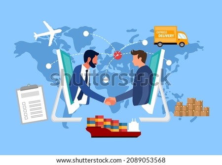 Online business global trading with express international shipping vector. Package, airplane, delivery truck, ship and document in flat design. Online business deal.