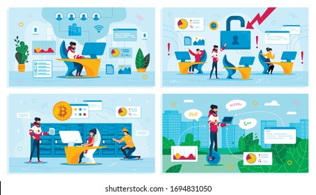 Online Business, Hacker Attack Threat, Bitcoin Trading, Digital Profession Trendy Flat Vector Concepts Set. Network Administrator, Employees in Panic, Mining Farm, Hipster Rides Unicycle Illustration