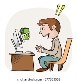 Online Business, A Hand Drawn Vector Of A Man Surprised By The Profit That He Made Out Of Online Business, (main Object, Background, And Exclamation Marks Are On Their Own Groups For Easy Editing).