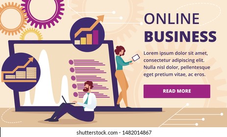 Online Business Horizontal Banner. Young Businessman and Businesswoman Working at Huge Laptop with Growth Graphs and Charts Diagrams on Screen, Internet Technologies. Cartoon Flat Vector Illustration