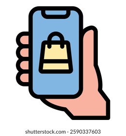Online Business Icon Digital Commerce and E-commerce in Flat Line Color Style.