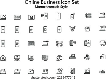 The Online Business icon set includes a variety of symbols that represent the features of an online business such as shopping cart, payment, delivery, product,  and more