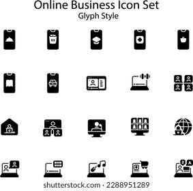 El conjunto de iconos de Online Business incluye una variedad de símbolos que representan las características de un negocio en línea como carrito de compras, pago, entrega, producto y más