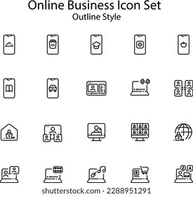 The Online Business icon set includes a variety of symbols that represent the features of an online business such as shopping cart, payment, delivery, product,  and more
