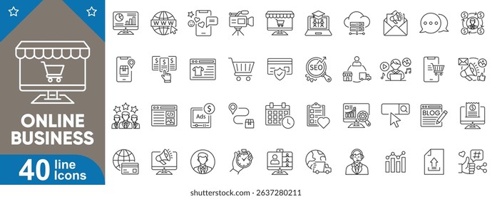 Online business icons set. Digital marketing, e-commerce, online store, SEO, web services, affiliate marketing, internet business line icons with editable stroke vector illustration.