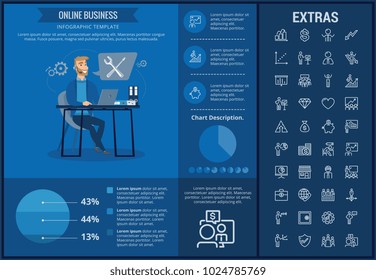 Online business infographic template, elements and icons. Infograph includes customizable graphs, charts, line icon set with stack of money, online market, business worker, mobile shop etc.