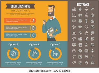 Online business infographic template, elements and icons. Infograph includes customizable graphs, charts, line icon set with stack of money, online market, business worker, mobile shop etc.