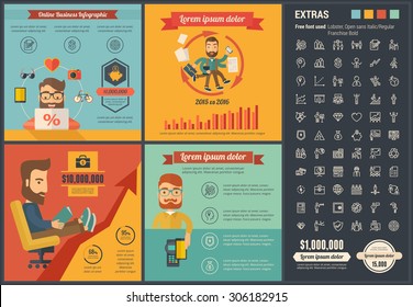 Online Business infographic template and elements. The infographic  template includes illustrations of hipster men and huge awesome set of thin line icons. Modern flat vector infographic design.