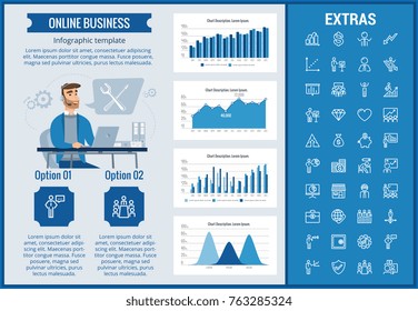 Online business infographic template, elements and icons. Infograph includes customizable graphs, charts, line icon set with stack of money, online market, business worker, mobile shop etc.