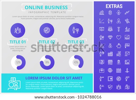 Online business infographic template, elements and icons. Infograph includes customizable graphs, charts, line icon set with stack of money, online market, business worker, mobile shop etc.