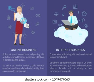 Online business and internet business online service, businessman and businesswoman icons collection vector illustration isolated on purple background
