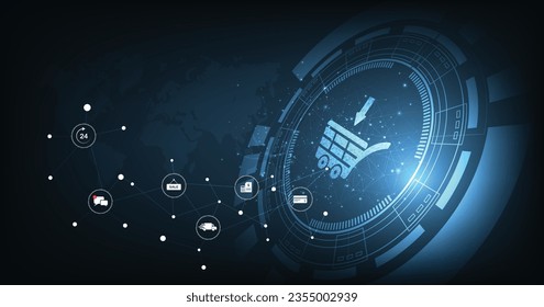 Online business and Internet trading concept. A virtual image cart on a dark blue background conveys purchasing products and services via the Internet.