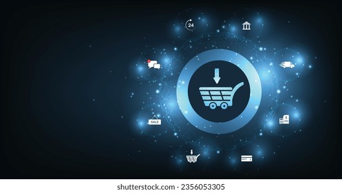 Online business and Internet trading concept. A virtual image cart on a dark blue background conveys purchasing products and services via the Internet.