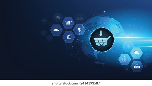 Online business and Internet trading concept. A virtual image cart on a dark blue background conveys purchasing products and services via the Internet.	