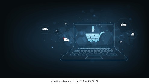 Online business and Internet trading concept. A virtual image cart on a dark blue background conveys purchasing products and services via the Internet.	