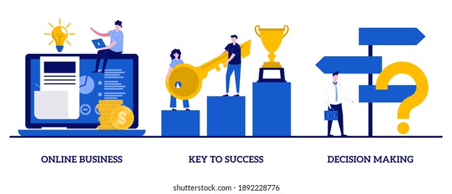 Online business, key to success, decision making concept with tiny people. Business opportunity abstract vector illustration set. Problem solving, leadership, startup teamwork, collaboration metaphor.