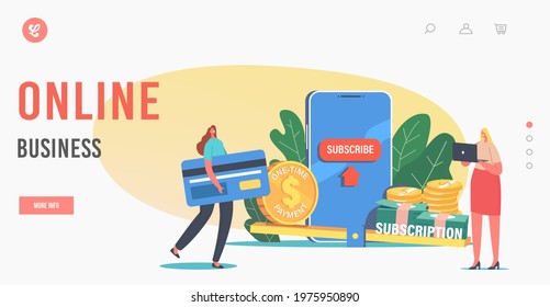 Online Business Landing Page Template. Tiny Female Characters Working on Laptop with Bank Card at Huge Smartphone with Subscribe Button, Program App Subscription Service. Cartoon Vector Illustration