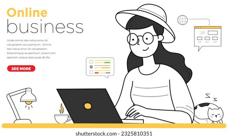 Online business landing page-cartoon Characters-Webinar-digital-work from home-Flat Vector Concept-Illustrations-Lady-cat-laptop-creative design
