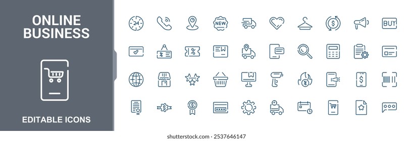 Colecciones de icono de línea de negocio en línea. Contiene comercio, comercio electrónico, comercio electrónico, envío, compras, compras y más. Iconos delgados modernos. Ilustración vectorial.