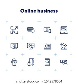 Online business line icon set. Computer, phone, device, webinar, payment, store. Communication concept. Can be used for topics like commerce, education, distance work