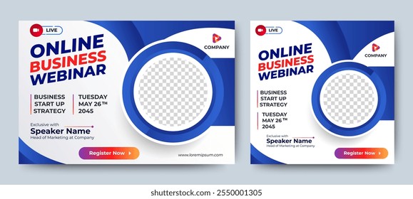 Online Business live webinar banner invitation and social media post template. Business webinar invitation design. Vector