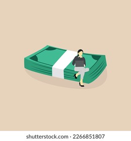 Online business make money, salary or multi income stream, side business or side income, return on investment concept, young woman working with laptop computer sitting on pile of dollars.