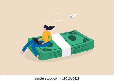 Online business making money, salary or multi income stream, side hustle or side gig earning, investment return concept, young woman working with computer laptop sitting on heap of dollar banknotes.