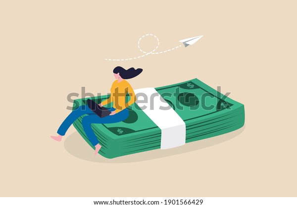 Online business making money, salary or multi\
income stream, side hustle or side gig earning, investment return\
concept, young woman working with computer laptop sitting on heap\
of dollar banknotes.