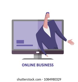 Online business. Man in buisiness suit on computer monitor. Businessman on the screen. Webinar. Concept vector illustration. Flat style. Isolated on white background