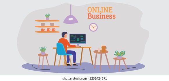 ONLINE BUSINESS . 
A man doing online business in trendy style working his project remotely from home.
Vector Illustration.