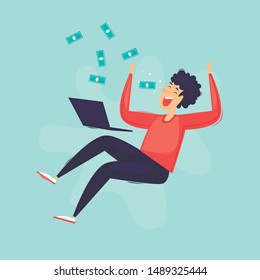 Online business, a man rejoices in money. Flat design vector illustration.