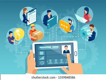 Online business management concept. Vector of a leader businessman holding a tablet showing analytics and managing team of employees on a conference video call