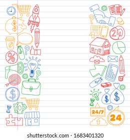 Online business and management school. Pattern with finance icons. Projects organization, risk, development. Team working, budget planning.