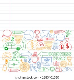 Escuela de administración y negocios en línea. Patrón con iconos de finanzas. Organización de proyectos, riesgo, desarrollo. Trabajo en equipo, planificación presupuestaria.