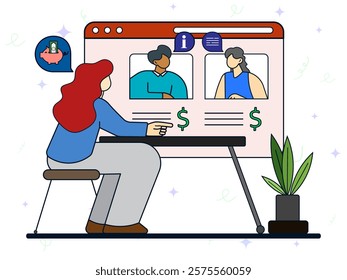 Online business meeting concept. Colleagues discussing work tasks in group chat, coworkers communicating at teleconference. Brainstorming, teamwork, video analysis, webinar. 