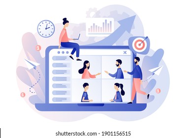 Online business meeting. Online conference concept. Tiny people speak in video conference. Social distancing and self-isolation during coronavirus quarantine. Modern flat cartoon style. Vector