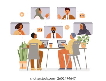 Online business meeting flat vector concept. Diverse colleagues communicating online illustration.