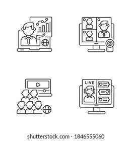 Online business meeting linear icons set. Virtual presentation. Call conference with colleagues. Customizable thin line contour symbols. Isolated vector outline illustrations. Editable stroke