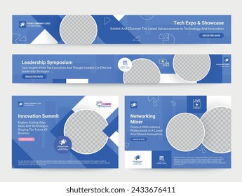 Online business meeting live streaming banner poster landing page design template set vector illustration. Internet conference entrepreneurship global learning leadership corporate networking