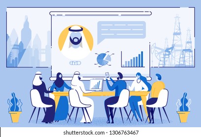 Online Business Meeting. Training Courses on Oil Industry. Business Lecture, Coaching. Multiracial Diverse People Team. Arabs and Caucasians Listen to Mentor. Infographics and States. Vector EPS 10.