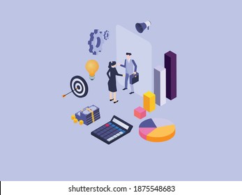 Online business meeting vector concept: Businesswoman talking with businessman on virtual screen