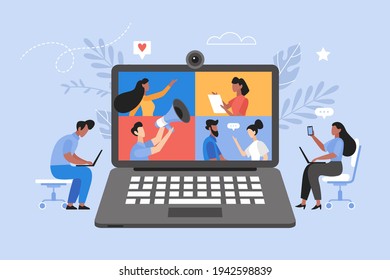 Online business meeting, and video conference concept.  Teamwork thinking and brainstorming vector illustration