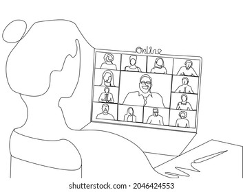 online business meeting. Woman attending mass video conference. online job interview. woman participating in mass online education and giving lectures.