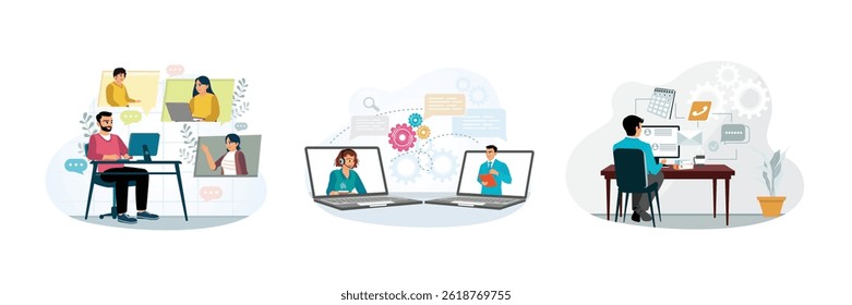 Online business meeting.Professional businessmen are having a remote working meeting. Call center agent talking to client working in customer service office. Set flat vector illustration.