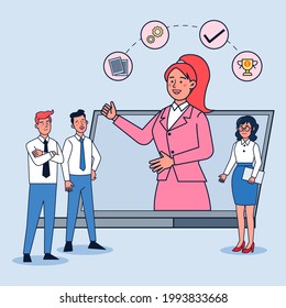 Online business meetings help businesses in the global environment of the coronavirus pandemic. The staff is presenting the plan via video call. vector illustration flat design